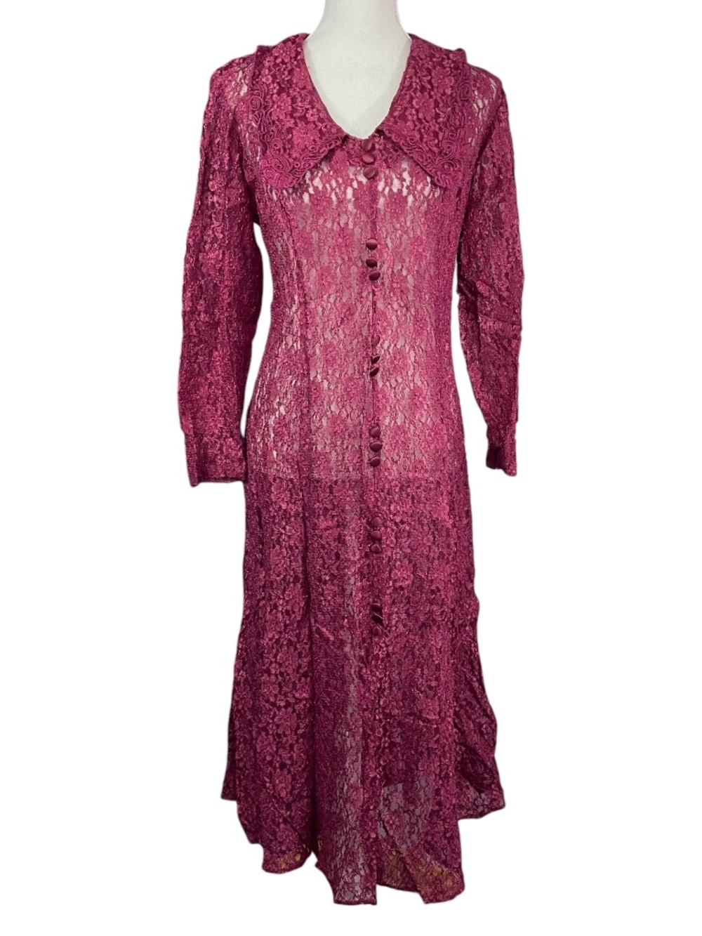 Victorian Lace Dress Vintage Dawn Joy Burgundy Red Floral Allover Ornate Maxi